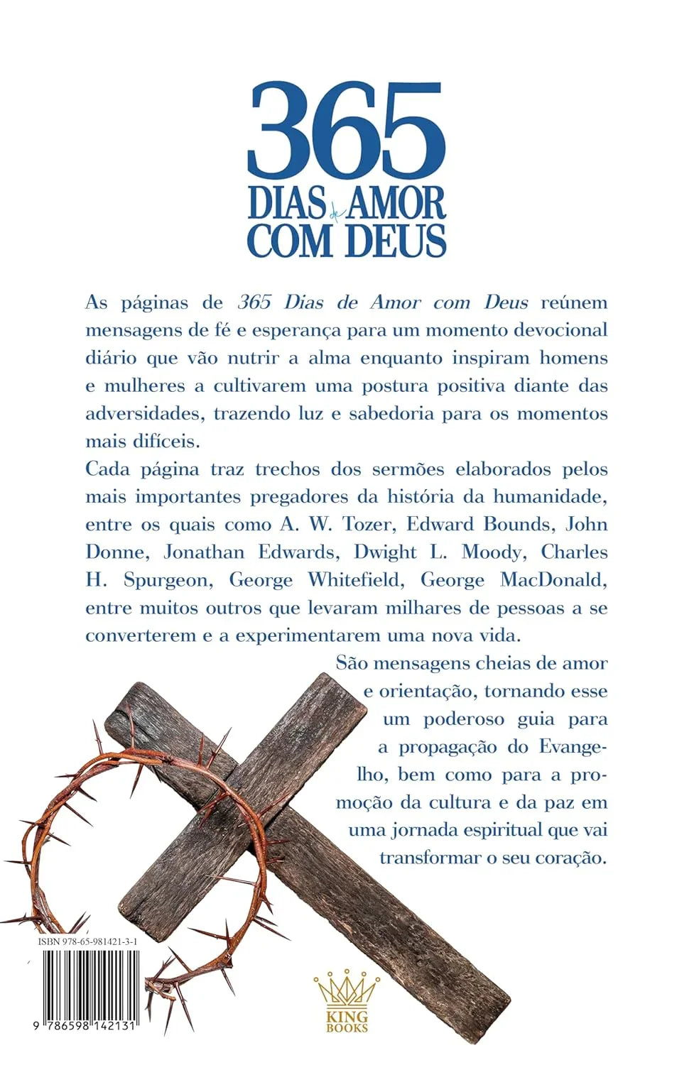 Verso do livro 365 Dias de Amor com Deus com texto e imagem de cruz de madeira e coroa de espinhos